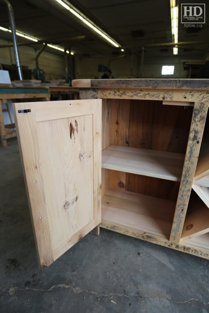 5' Ontario Barnwood Buffet we made for a Toronto home - 18" deep - 36" height - 2 Outside Doors / Centre Wine Rack - Adjustable Shelving Inside - Reclaimed Old Growth Hemlock Threshing Floor + Grainery Board Construction - Original edges + distressing kept - Lee Valley Hardware - Premium epoxy + matte polyurethane finish - www.table.ca