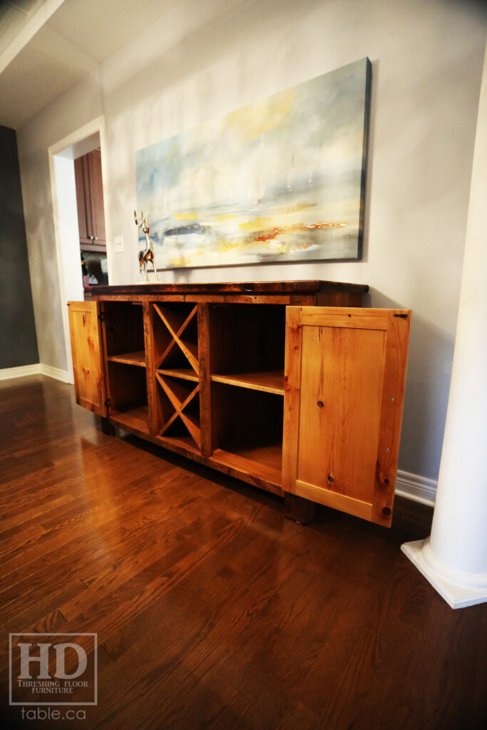 5' Ontario Barnwood Buffet we made for a Toronto home - 18" deep - 36" height - 2 Outside Doors / Centre Wine Rack - Adjustable Shelving Inside - Reclaimed Old Growth Hemlock Threshing Floor + Grainery Board Construction - Original edges + distressing kept - Lee Valley Hardware - Premium epoxy + matte polyurethane finish - www.table.ca