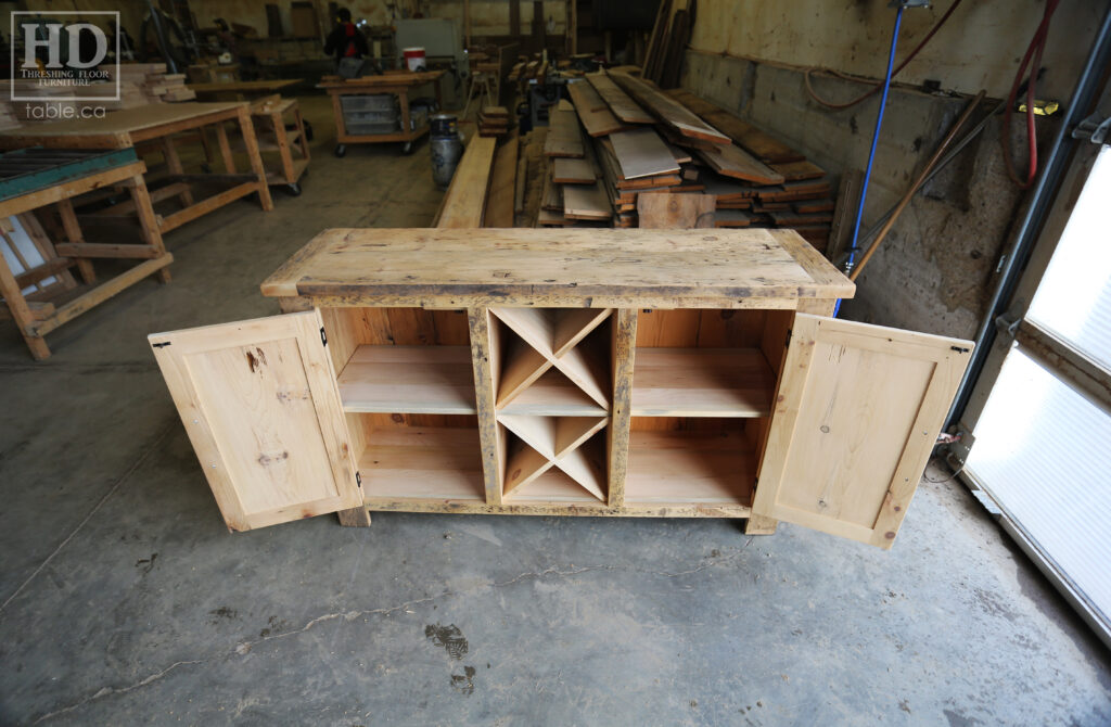 5' Ontario Barnwood Buffet we made for a Toronto home - 18" deep - 36" height - 2 Outside Doors / Centre Wine Rack - Adjustable Shelving Inside - Reclaimed Old Growth Hemlock Threshing Floor + Grainery Board Construction - Original edges + distressing kept - Lee Valley Hardware - Premium epoxy + matte polyurethane finish - www.table.ca