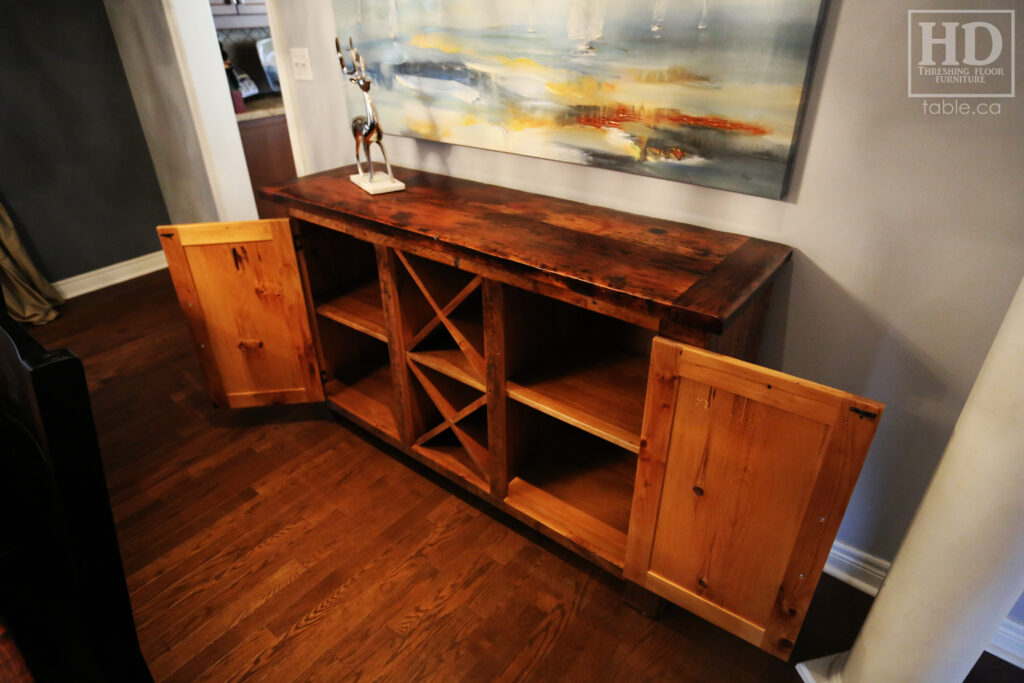 5' Ontario Barnwood Buffet we made for a Toronto home - 18" deep - 36" height - 2 Outside Doors / Centre Wine Rack - Adjustable Shelving Inside - Reclaimed Old Growth Hemlock Threshing Floor + Grainery Board Construction - Original edges + distressing kept - Lee Valley Hardware - Premium epoxy + matte polyurethane finish - www.table.ca