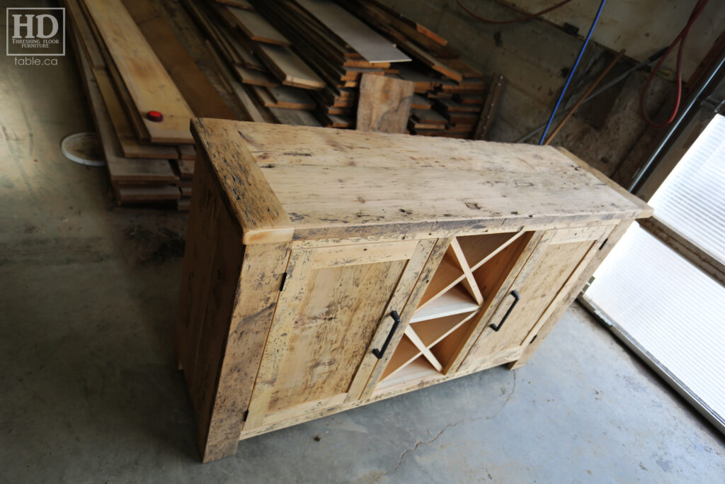 5' Ontario Barnwood Buffet we made for a Toronto home - 18" deep - 36" height - 2 Outside Doors / Centre Wine Rack - Adjustable Shelving Inside - Reclaimed Old Growth Hemlock Threshing Floor + Grainery Board Construction - Original edges + distressing kept - Lee Valley Hardware - Premium epoxy + matte polyurethane finish - www.table.ca