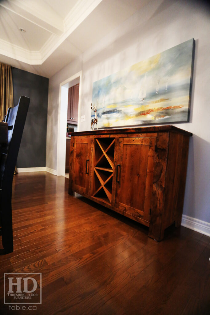 5' Ontario Barnwood Buffet we made for a Toronto home - 18" deep - 36" height - 2 Outside Doors / Centre Wine Rack - Adjustable Shelving Inside - Reclaimed Old Growth Hemlock Threshing Floor + Grainery Board Construction - Original edges + distressing kept - Lee Valley Hardware - Premium epoxy + matte polyurethane finish - www.table.ca