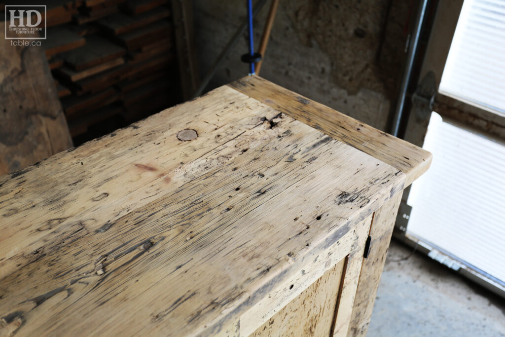 5' Ontario Barnwood Buffet we made for a Toronto home - 18" deep - 36" height - 2 Outside Doors / Centre Wine Rack - Adjustable Shelving Inside - Reclaimed Old Growth Hemlock Threshing Floor + Grainery Board Construction - Original edges + distressing kept - Lee Valley Hardware - Premium epoxy + matte polyurethane finish - www.table.ca