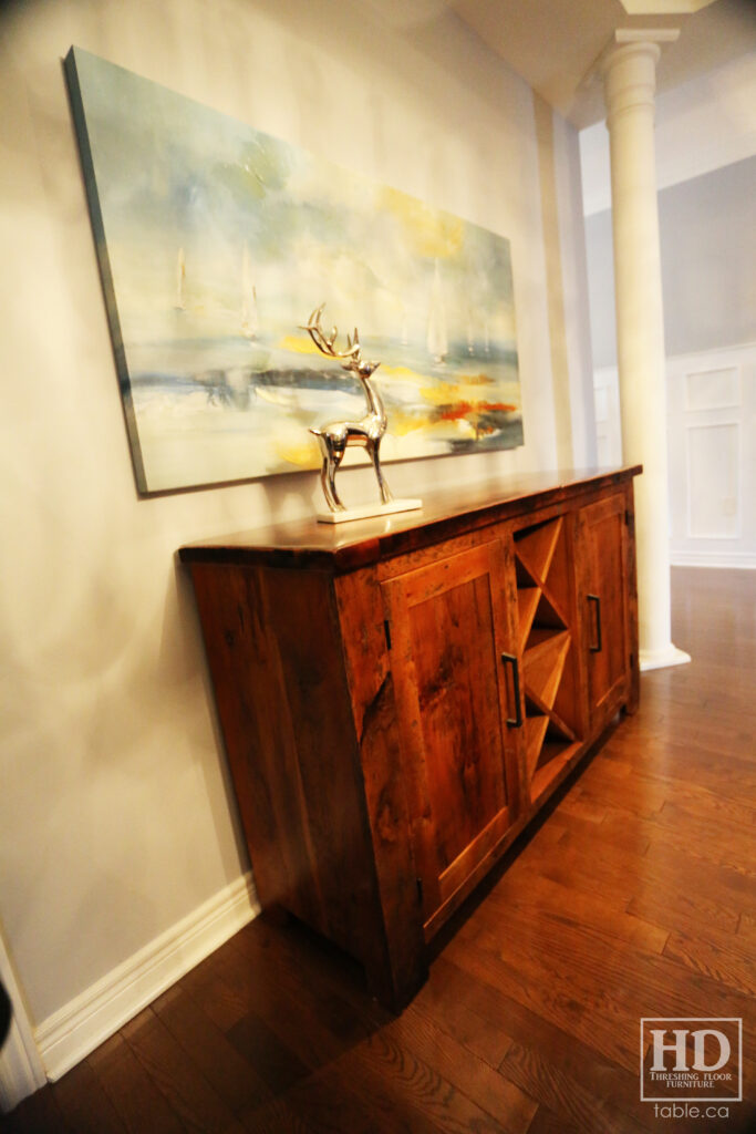 5' Ontario Barnwood Buffet we made for a Toronto home - 18" deep - 36" height - 2 Outside Doors / Centre Wine Rack - Adjustable Shelving Inside - Reclaimed Old Growth Hemlock Threshing Floor + Grainery Board Construction - Original edges + distressing kept - Lee Valley Hardware - Premium epoxy + matte polyurethane finish - www.table.ca