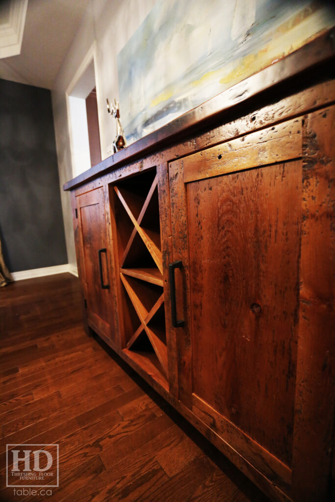 5' Ontario Barnwood Buffet we made for a Toronto home - 18" deep - 36" height - 2 Outside Doors / Centre Wine Rack - Adjustable Shelving Inside - Reclaimed Old Growth Hemlock Threshing Floor + Grainery Board Construction - Original edges + distressing kept - Lee Valley Hardware - Premium epoxy + matte polyurethane finish - www.table.ca