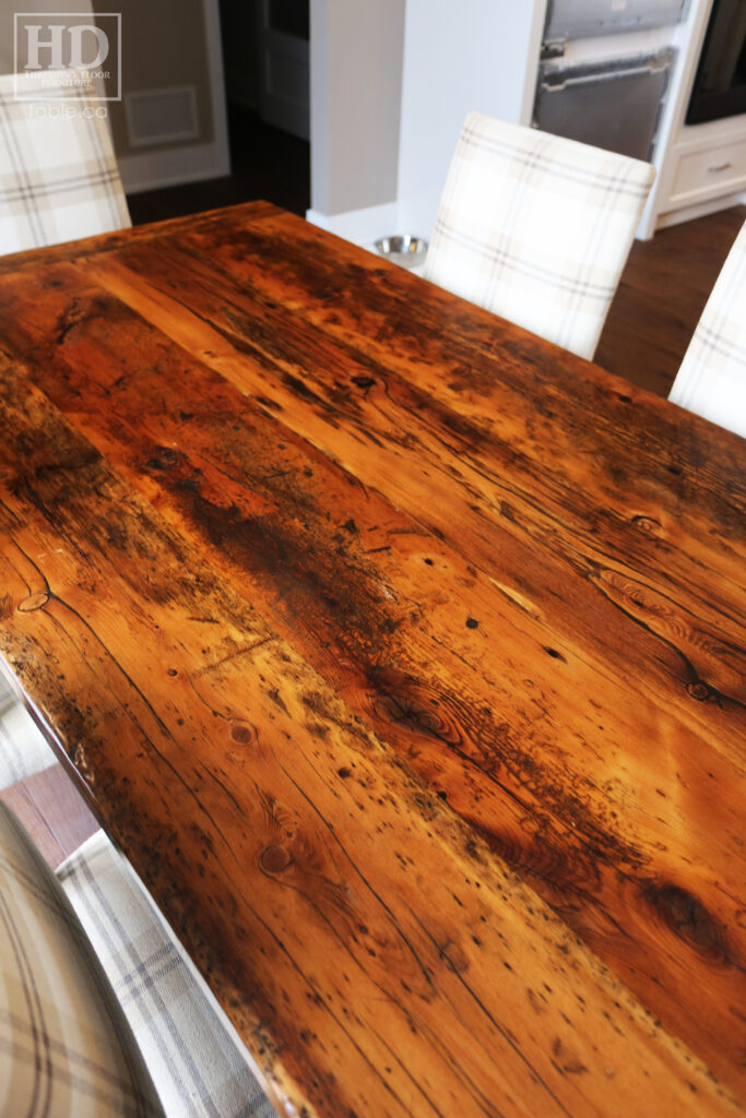 Ontario Barnwood Harvest Table - Cabriole Legs / Painted Black Option - Old Growth Reclaimed Hemlock Threshing Floor Construction - Original edges & distressing maintained - Premium epoxy + satin polyurethane finish - www.table.ca