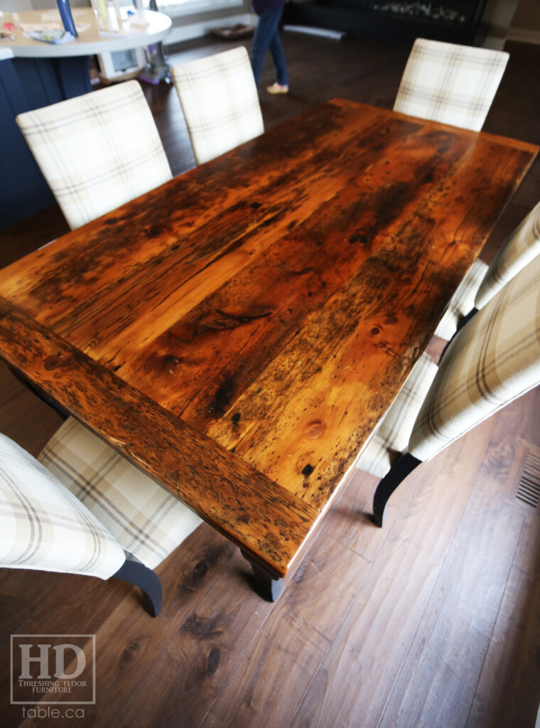 Ontario Barnwood Harvest Table - Cabriole Legs / Painted Black Option - Old Growth Reclaimed Hemlock Threshing Floor Construction - Original edges & distressing maintained - Premium epoxy + satin polyurethane finish - www.table.ca