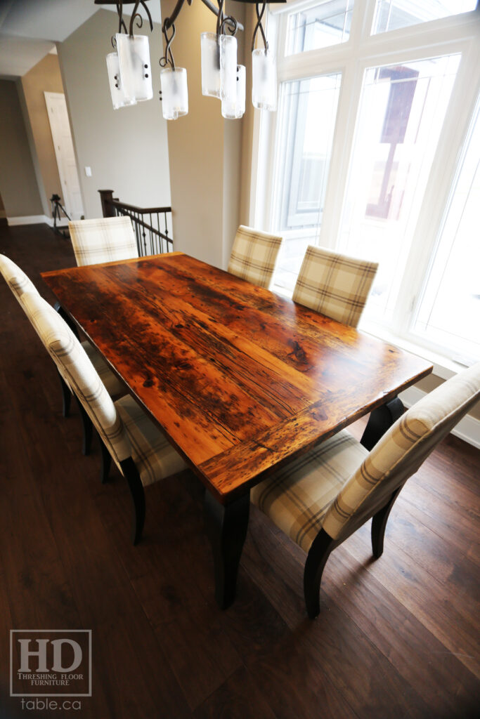 Ontario Barnwood Harvest Table - Cabriole Legs / Painted Black Option - Old Growth Reclaimed Hemlock Threshing Floor Construction - Original edges & distressing maintained - Premium epoxy + satin polyurethane finish - www.table.ca