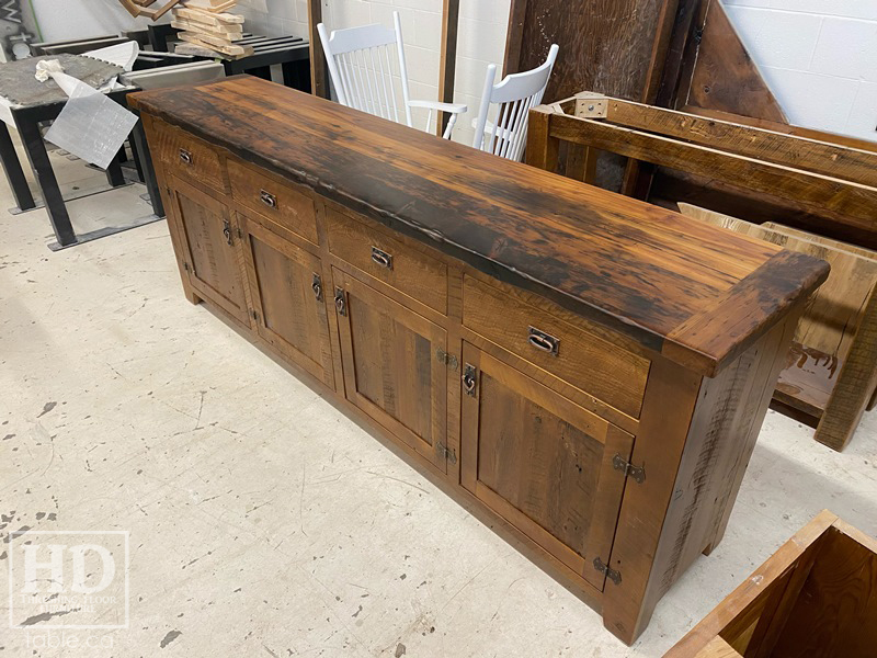 8' Ontario Barnwood Buffet - 20" deep - 36" [counter] height -  4 Doors / 4 Drawers - Reclaimed Old Growth Hemlock Threshing Floor + Grainery Board Construction - Lee Valley Hardware / Piano Hinges - Original distressing & edges maintained - Premium epoxy + matte polyurethane finish - www.table.ca