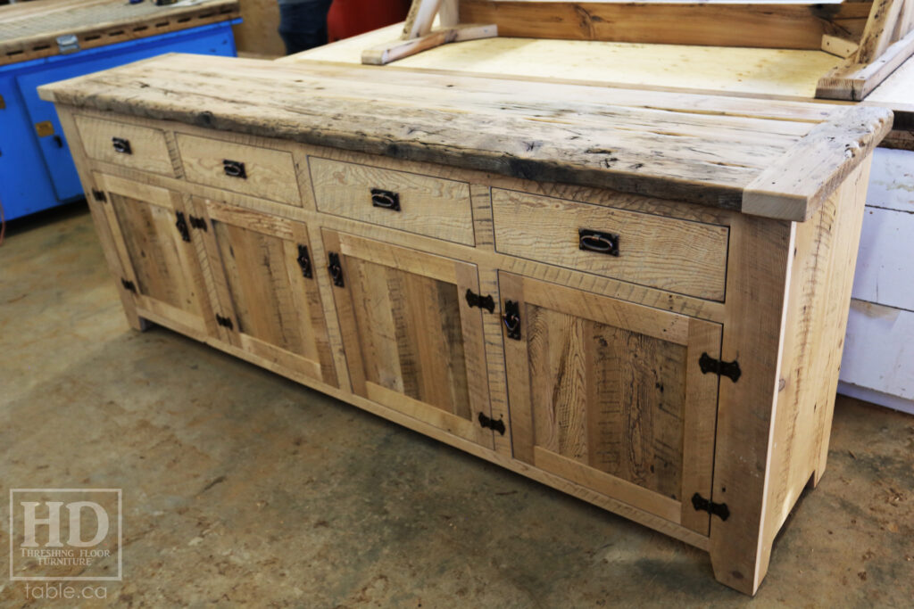8' Ontario Barnwood Buffet - 20" deep - 36" [counter] height -  4 Doors / 4 Drawers - Reclaimed Old Growth Hemlock Threshing Floor + Grainery Board Construction - Lee Valley Hardware / Piano Hinges - Original distressing & edges maintained - Premium epoxy + matte polyurethane finish - www.table.ca