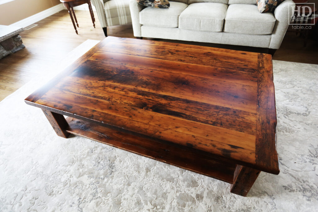 46" x 66" Ontario Barnwood Coffee Table we made for a Drumbo home - 18" height - Old Growth Reclaimed Hemlock Construction - Straight 4"x4" Windbrace Beam Legs -  Bottom 1" Grainery Board Shelf - Original edges & distressing maintained - Premium epoxy + matte polyurethane finish - www.table.ca
