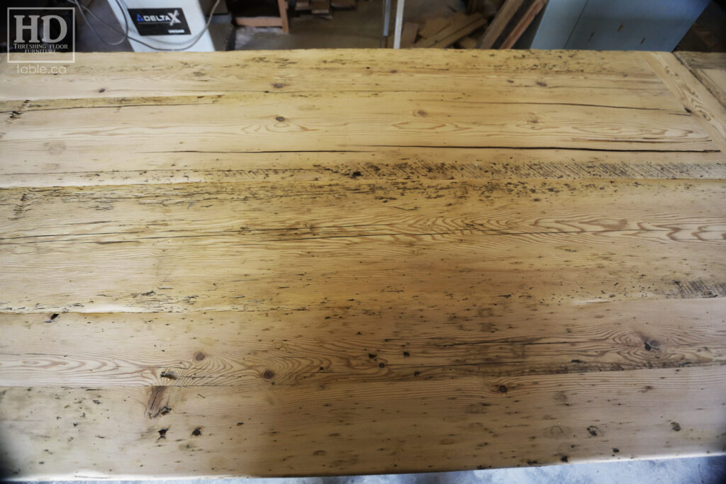 7' Ontario Barnwood Harvest Table we made for a Brantford home - 42" wide - Tapered with a Notch Legs - Old Growth Reclaimed Hemlock Threshing Floor Construction - Original edges & distressing maintained - Premium epoxy + satin polyurethane finish - One 18" Leaf - www.table.ca