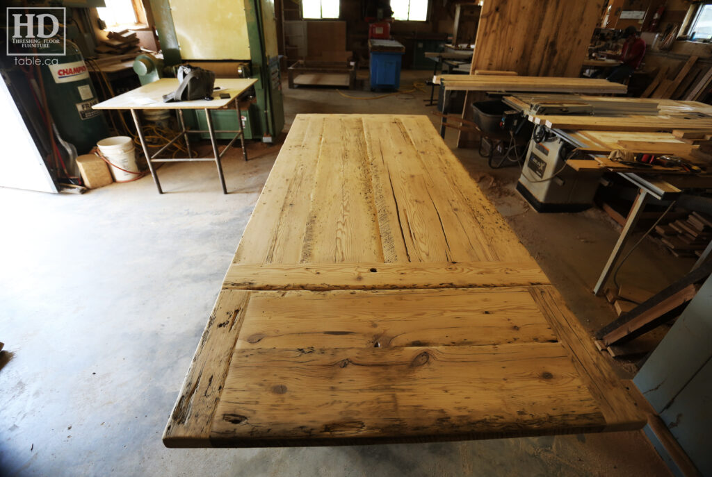 7' Ontario Barnwood Harvest Table we made for a Brantford home - 42" wide - Tapered with a Notch Legs - Old Growth Reclaimed Hemlock Threshing Floor Construction - Original edges & distressing maintained - Premium epoxy + satin polyurethane finish - One 18" Leaf - www.table.ca