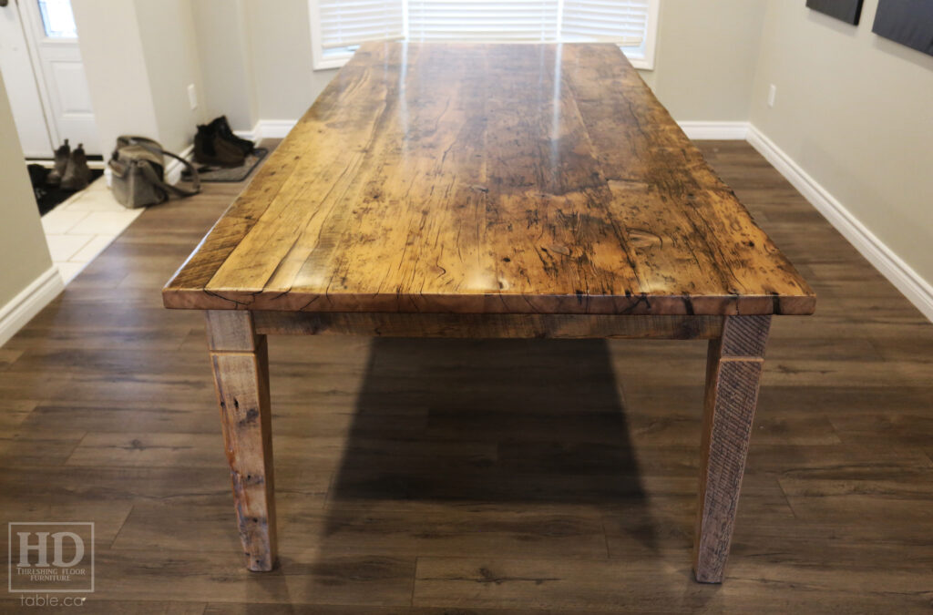 9' Ontario Barnwood Table we made for an Orangeville Home - Harvest Base: Tapered with a Notch Windbrace Beam Legs - No bread boards ends Option - Reclaimed Old Growth Hemlock Threshing Floor Construction - Original distressing & edges maintained - Greytone Option - Premium epoxy + satin polyurethane finish - www.table.ca