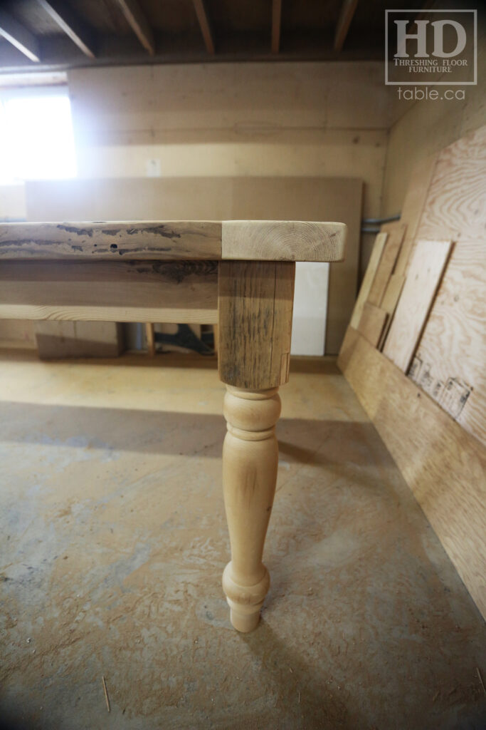 10' Ontario Barnwood Table we made for a Waterloo home - 39" wide - Turned Windbrace Beam Legs - Reclaimed Hemlock Threshing Floor Construction - Original edges + distressing maintained - Premium epoxy + matte polyurethane finish - www.table.ca