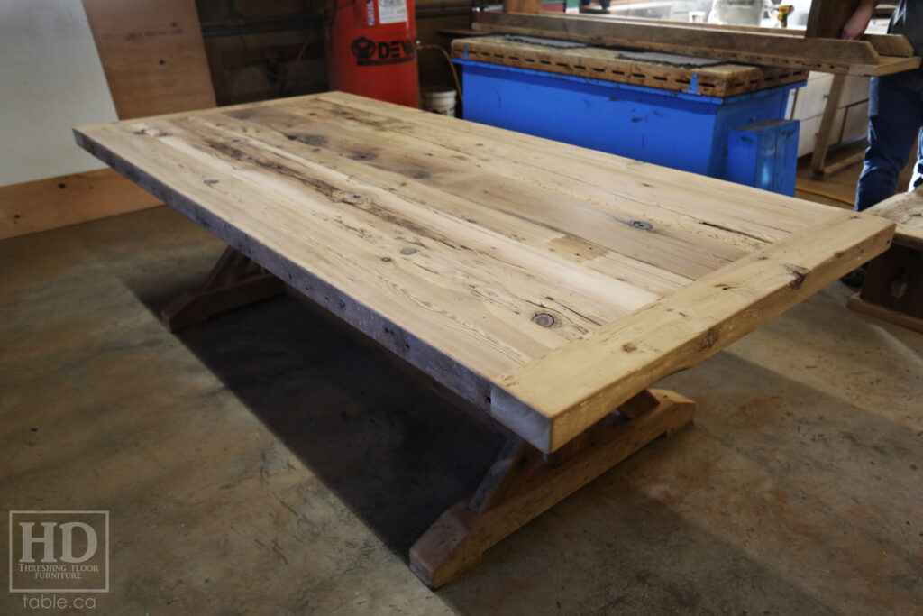 8.5' Ontario Barnwood Table we made for an Aurora home - 48" wide - Sawbuck Base - Extra thick 3" Top Option - Old Growth Reclaimed Hemlock Threshing Floor Construction - Original edges & distressing maintained - www.table.ca