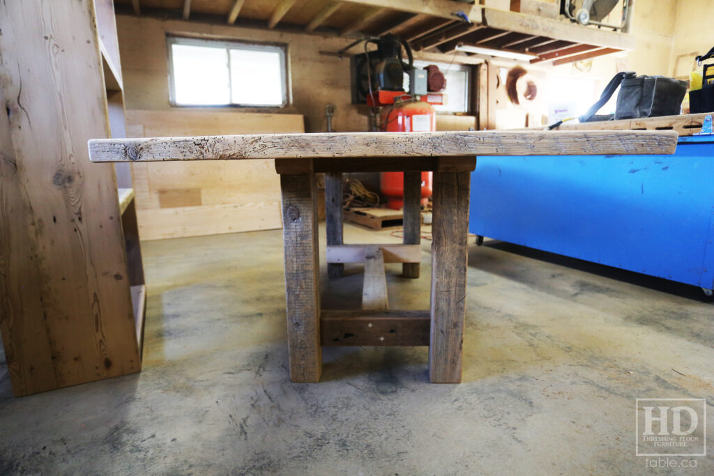 86" Reclaimed Ontario Barnwood Table we made for a Mount Pleasant home - 42" wide - Frame Base - Old Growth Hemlock Threshing Floor Construction - Original edges & distressing maintained - Black Stain Option Top - Painted Option Base - Premium epoxy + satin polyurethane finish - www.table.ca