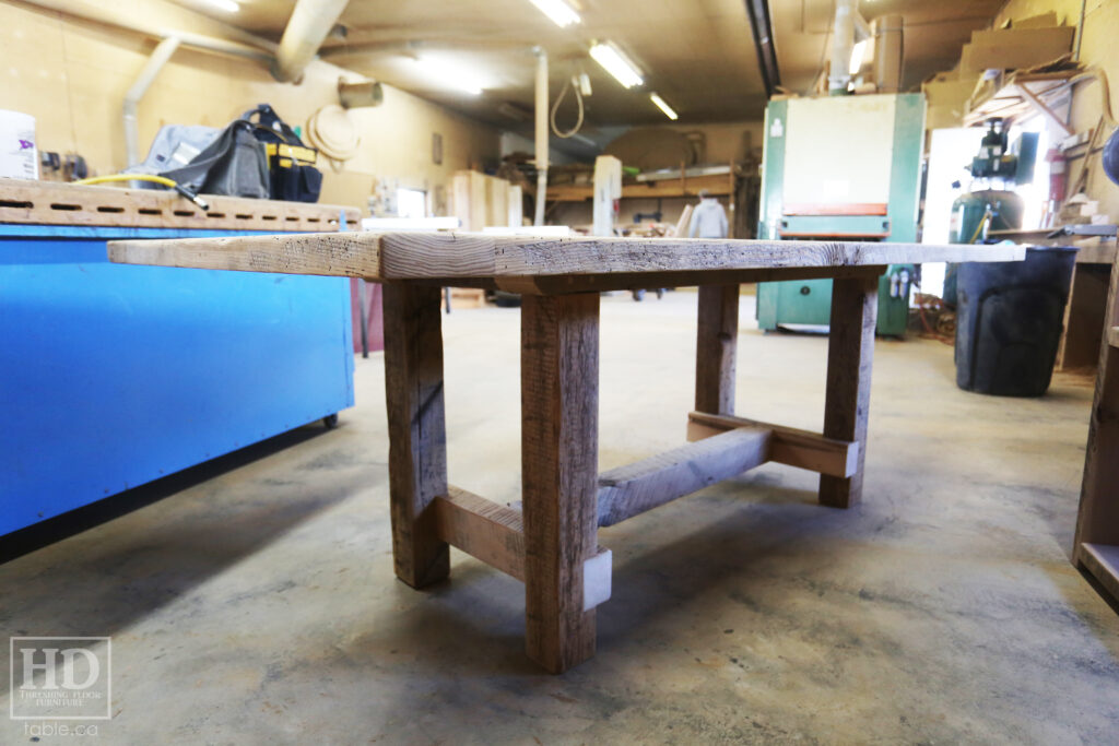 86" Reclaimed Ontario Barnwood Table we made for a Mount Pleasant home - 42" wide - Frame Base - Old Growth Hemlock Threshing Floor Construction - Original edges & distressing maintained - Black Stain Option Top - Painted Option Base - Premium epoxy + satin polyurethane finish - www.table.ca