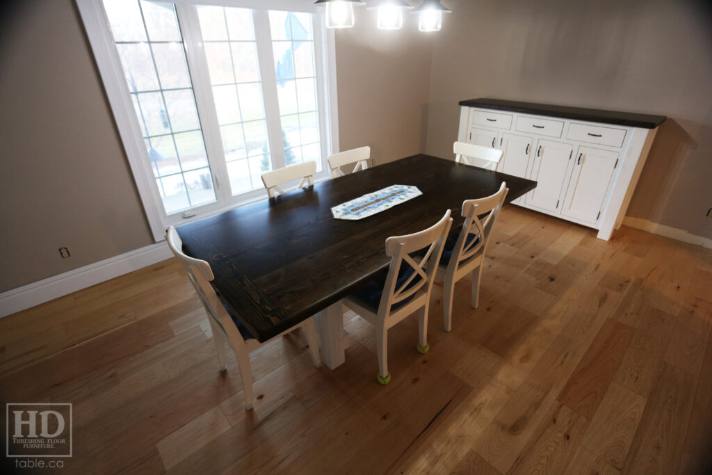 86" Reclaimed Ontario Barnwood Table we made for a Mount Pleasant home - 42" wide - Frame Base - Old Growth Hemlock Threshing Floor Construction - Original edges & distressing maintained - Black Stain Option Top - Painted Option Base - Premium epoxy + satin polyurethane finish - www.table.ca