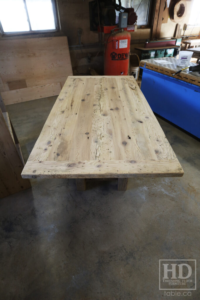 86" Reclaimed Ontario Barnwood Table we made for a Mount Pleasant home - 42" wide - Frame Base - Old Growth Hemlock Threshing Floor Construction - Original edges & distressing maintained - Black Stain Option Top - Painted Option Base - Premium epoxy + satin polyurethane finish - www.table.ca