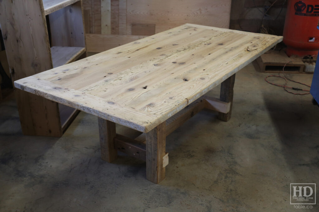 86" Reclaimed Ontario Barnwood Table we made for a Mount Pleasant home - 42" wide - Frame Base - Old Growth Hemlock Threshing Floor Construction - Original edges & distressing maintained - Black Stain Option Top - Painted Option Base - Premium epoxy + satin polyurethane finish - www.table.ca