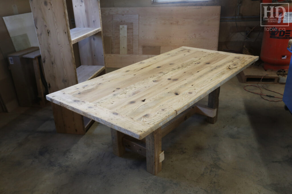 86" Reclaimed Ontario Barnwood Table we made for a Mount Pleasant home - 42" wide - Frame Base - Old Growth Hemlock Threshing Floor Construction - Original edges & distressing maintained - Black Stain Option Top - Painted Option Base - Premium epoxy + satin polyurethane finish - www.table.ca