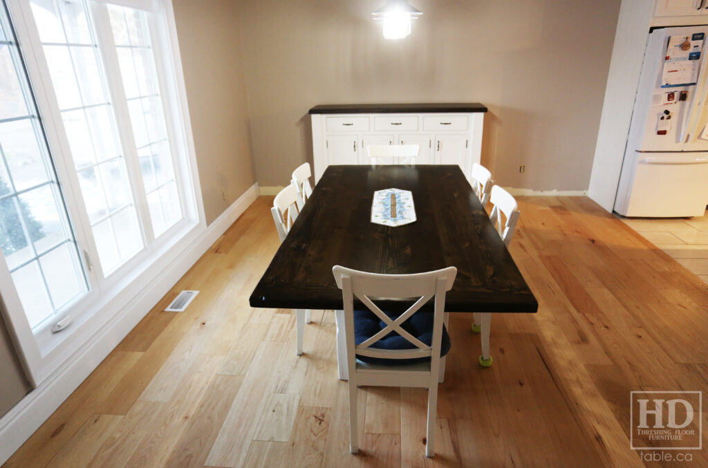 86" Reclaimed Ontario Barnwood Table we made for a Mount Pleasant home - 42" wide - Frame Base - Old Growth Hemlock Threshing Floor Construction - Original edges & distressing maintained - Black Stain Option Top - Painted Option Base - Premium epoxy + satin polyurethane finish - www.table.ca