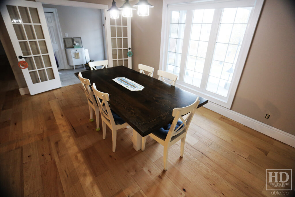 86" Reclaimed Ontario Barnwood Table we made for a Mount Pleasant home - 42" wide - Frame Base - Old Growth Hemlock Threshing Floor Construction - Original edges & distressing maintained - Black Stain Option Top - Painted Option Base - Premium epoxy + satin polyurethane finish - www.table.ca