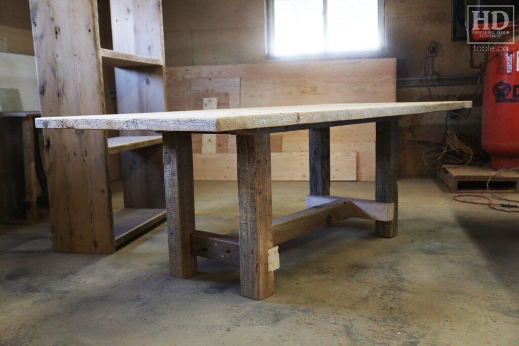 86" Reclaimed Ontario Barnwood Table we made for a Mount Pleasant home - 42" wide - Frame Base - Old Growth Hemlock Threshing Floor Construction - Original edges & distressing maintained - Black Stain Option Top - Painted Option Base - Premium epoxy + satin polyurethane finish - www.table.ca