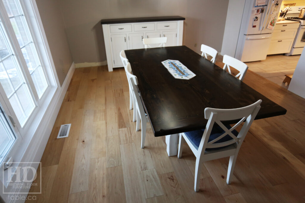 86" Reclaimed Ontario Barnwood Table we made for a Mount Pleasant home - 42" wide - Frame Base - Old Growth Hemlock Threshing Floor Construction - Original edges & distressing maintained - Black Stain Option Top - Painted Option Base - Premium epoxy + satin polyurethane finish - www.table.ca