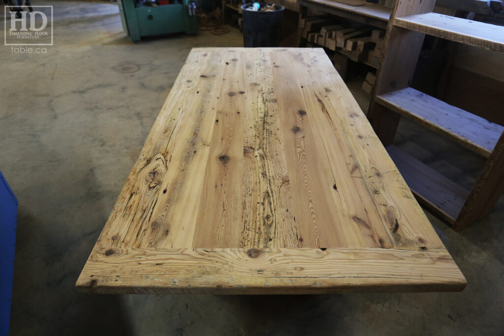 86" Reclaimed Ontario Barnwood Table we made for a Mount Pleasant home - 42" wide - Frame Base - Old Growth Hemlock Threshing Floor Construction - Original edges & distressing maintained - Black Stain Option Top - Painted Option Base - Premium epoxy + satin polyurethane finish - www.table.ca