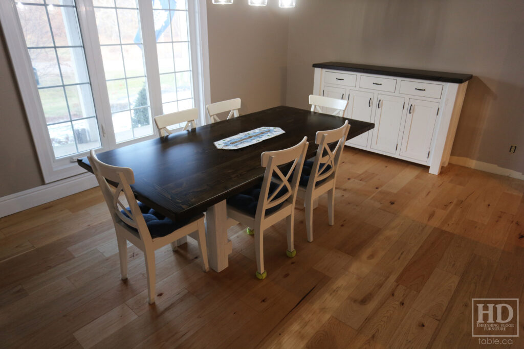 86" Reclaimed Ontario Barnwood Table we made for a Mount Pleasant home - 42" wide - Frame Base - Old Growth Hemlock Threshing Floor Construction - Original edges & distressing maintained - Black Stain Option Top - Painted Option Base - Premium epoxy + satin polyurethane finish - www.table.ca