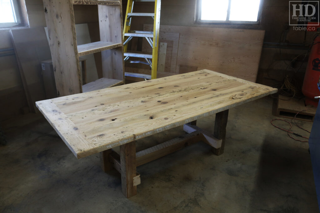86" Reclaimed Ontario Barnwood Table we made for a Mount Pleasant home - 42" wide - Frame Base - Old Growth Hemlock Threshing Floor Construction - Original edges & distressing maintained - Black Stain Option Top - Painted Option Base - Premium epoxy + satin polyurethane finish - www.table.ca