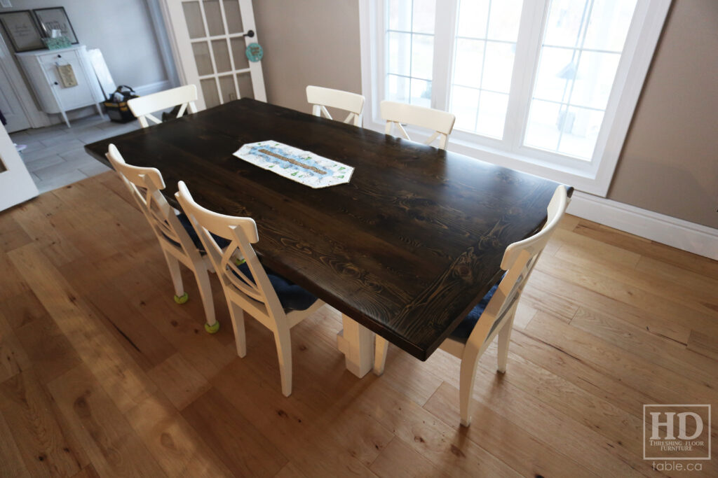 86" Reclaimed Ontario Barnwood Table we made for a Mount Pleasant home - 42" wide - Frame Base - Old Growth Hemlock Threshing Floor Construction - Original edges & distressing maintained - Black Stain Option Top - Painted Option Base - Premium epoxy + satin polyurethane finish - www.table.ca