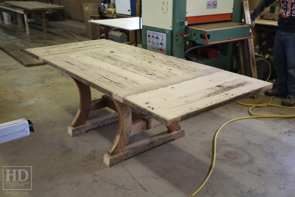 5' Ontario Barnwood Table we made for an Owen Sound Home - C Profile Frame Base - Reclaimed Old Growth Hemlock Threshing Floor Construction - Original distressing & edges maintained - Two 18" Leaf Extensions - www.table.ca