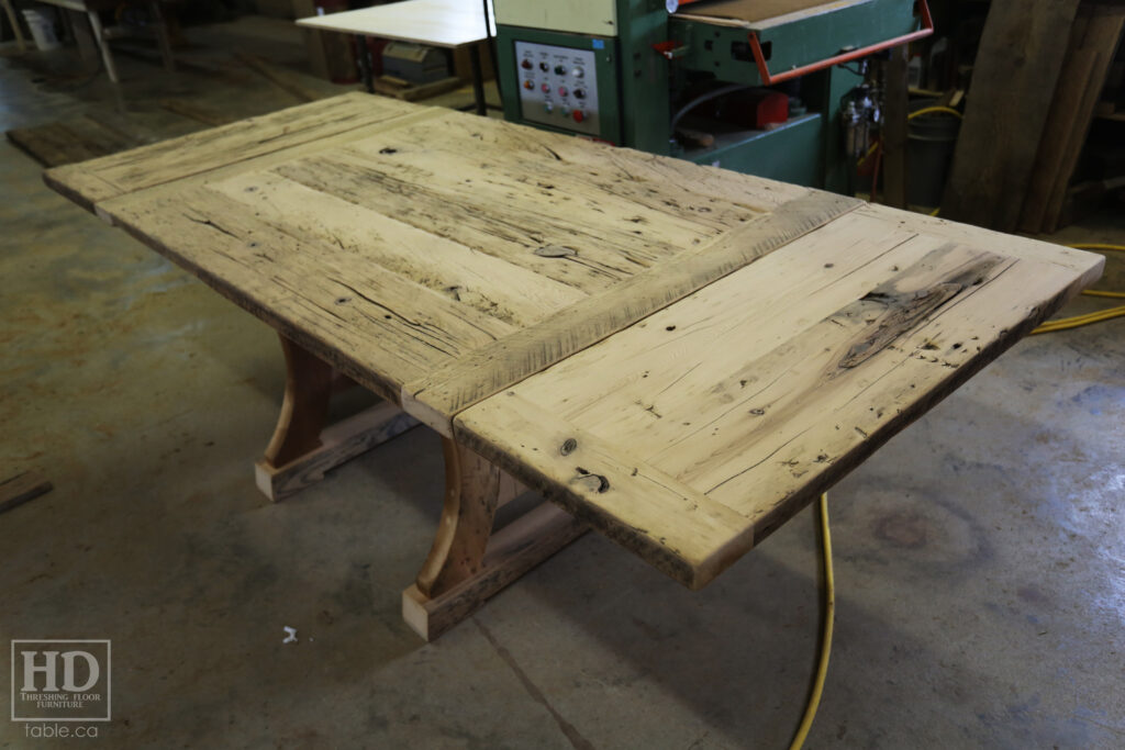 5' Ontario Barnwood Table we made for an Owen Sound Home - C Profile Frame Base - Reclaimed Old Growth Hemlock Threshing Floor Construction - Original distressing & edges maintained - Two 18" Leaf Extensions - www.table.ca