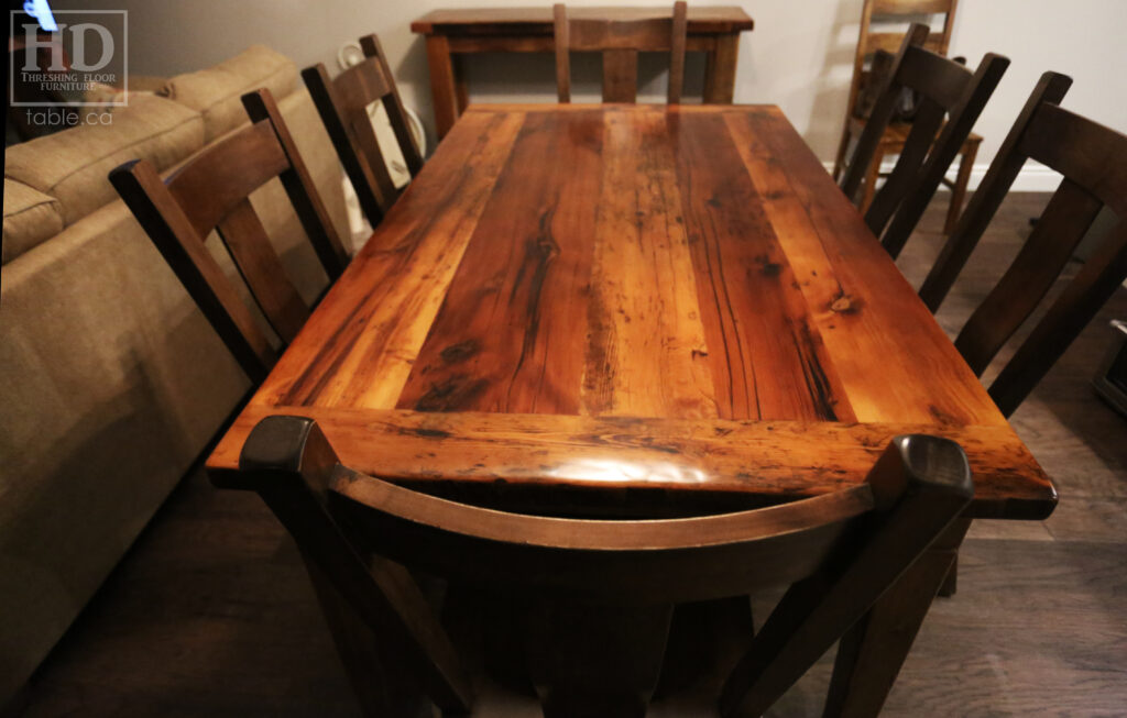 6' Ontario Barnwood Table we made for a LaSalle home - Harvest Base: Tapered with a Notch Windbrace Beam Legs - Reclaimed Old Growth Hemlock Threshing Floor Construction - Original distressing & edges maintained - Premium epoxy + satin polyurethane finish - www.table.ca