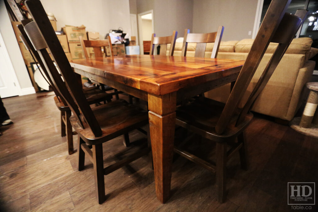 6' Ontario Barnwood Table we made for a LaSalle home - Harvest Base: Tapered with a Notch Windbrace Beam Legs - Reclaimed Old Growth Hemlock Threshing Floor Construction - Original distressing & edges maintained - Premium epoxy + satin polyurethane finish - www.table.ca