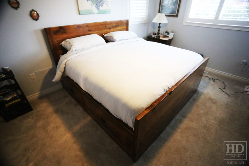 Ontario Barnwood King Sized Platform Bed we delivered to a Hamilton home today - 50" Height Headboard - 30" height Footboard - 20" Height Sides - 4 Drawers - 2" Hemlock Threshing Floor Construction - Original edges & distressing kept - Cast Brass Lee Valley Hardware - Satin Polyurethane Finish - www.table.ca
