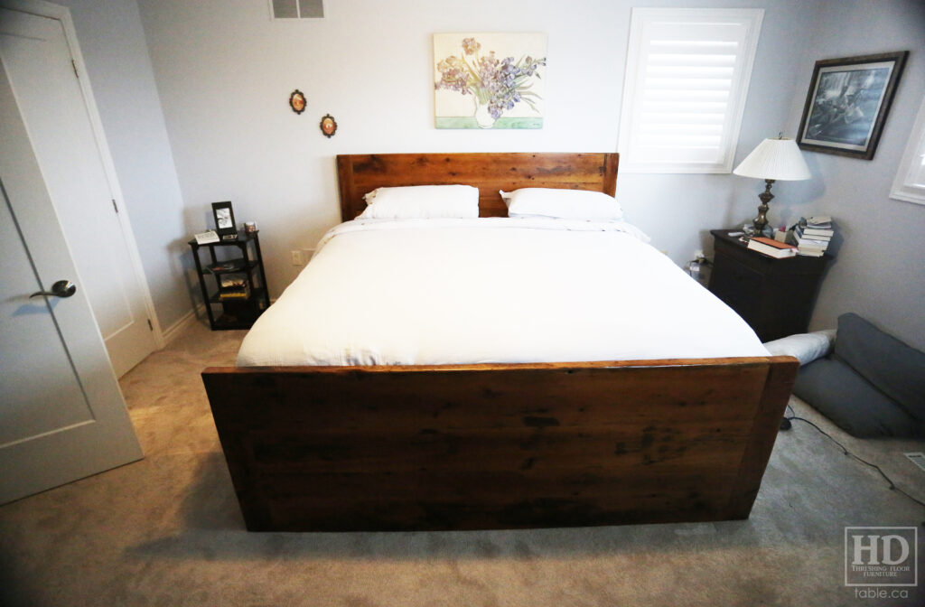 Ontario Barnwood King Sized Platform Bed we delivered to a Hamilton home today - 50" Height Headboard - 30" height Footboard - 20" Height Sides - 4 Drawers - 2" Hemlock Threshing Floor Construction - Original edges & distressing kept - Cast Brass Lee Valley Hardware - Satin Polyurethane Finish - www.table.ca