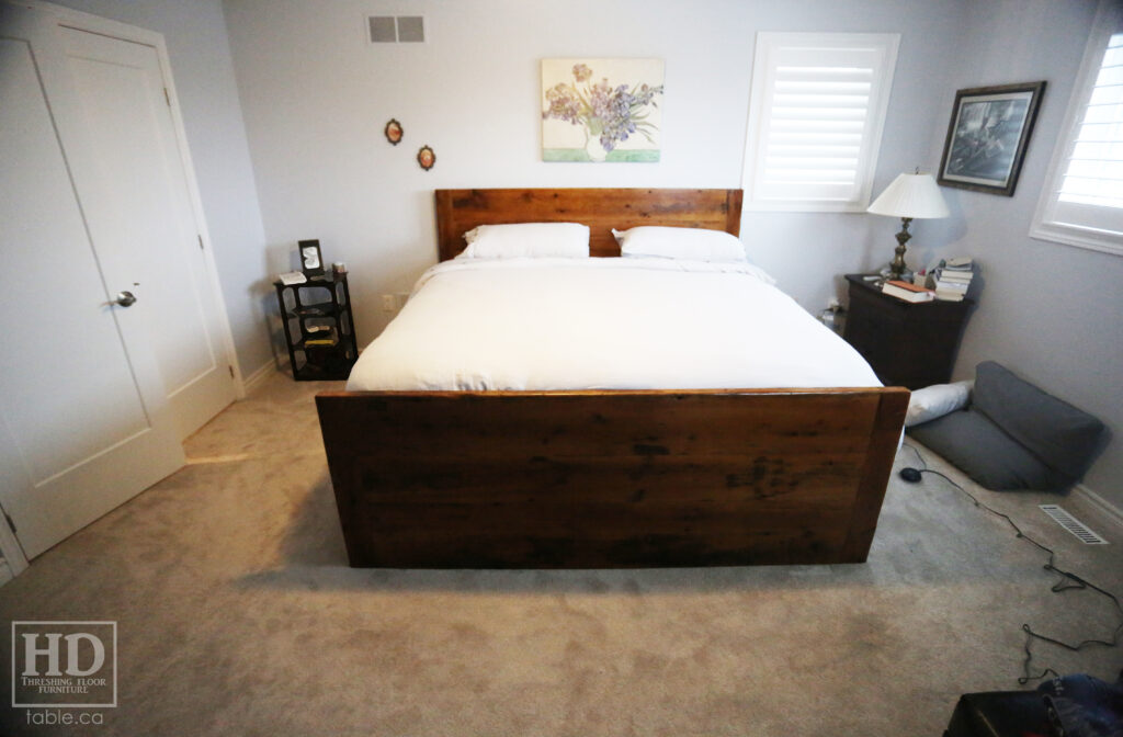 Ontario Barnwood King Sized Platform Bed we delivered to a Hamilton home today - 50" Height Headboard - 30" height Footboard - 20" Height Sides - 4 Drawers - 2" Hemlock Threshing Floor Construction - Cast Brass Lee Valley Hardware - Satin Polyurethane Finish - www.table.ca