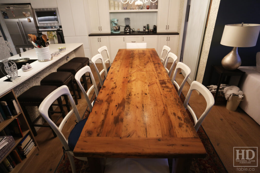 9' Ontario Barnwood Table we delivered to a downtown Toronto home this week - 48" wide - Harvest Base: Tapered Windbrace Beam Legs - Old Growth Reclaimed Hemlock Threshing Floor Construction - Original edges & distressing maintained - Greytone Option - Premium epoxy + satin polyurethane - www.table.ca