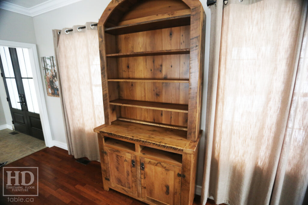 8' Height Ontario Barnwood Hutch we delivered to a Norwich home yesterday - 48" wide - Arched Top - Base 36" Height / 18" deep [min. 16" clearance inside - 2 Doors / Adjustable Shelving / Top 12" Deep - Old Growth Hemlock Threshing Floor & Grainery Board Construction - Greytone Option - Premium epoxy + satin polyurethane finish - www.table.ca