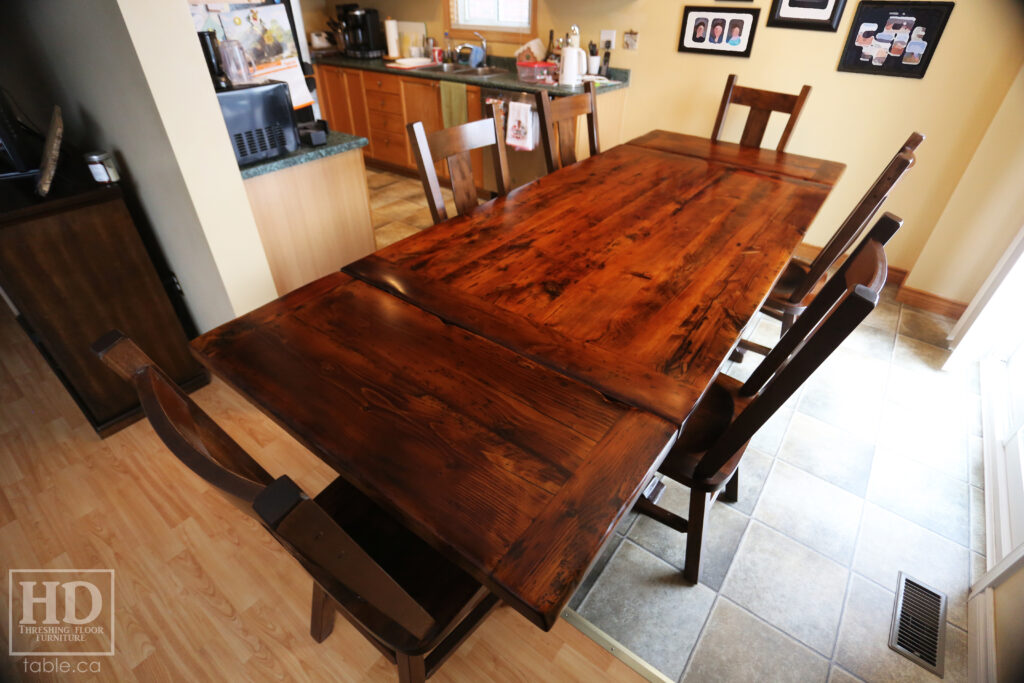 6' Ontario Barnwood Table we delivered to a Cambridge home yesterday - Trestle Base: Violin Profile Base - Reclaimed Old Growth Hemlock Threshing Floor Construction - Original distressing & edges maintained - Premium epoxy + satin polyurethane finish - Two 18" Leaves - [6] Plank Back Chairs / Wormy Maple / Nonarm / Polyurethane Clearcoat Finish - www.table.ca