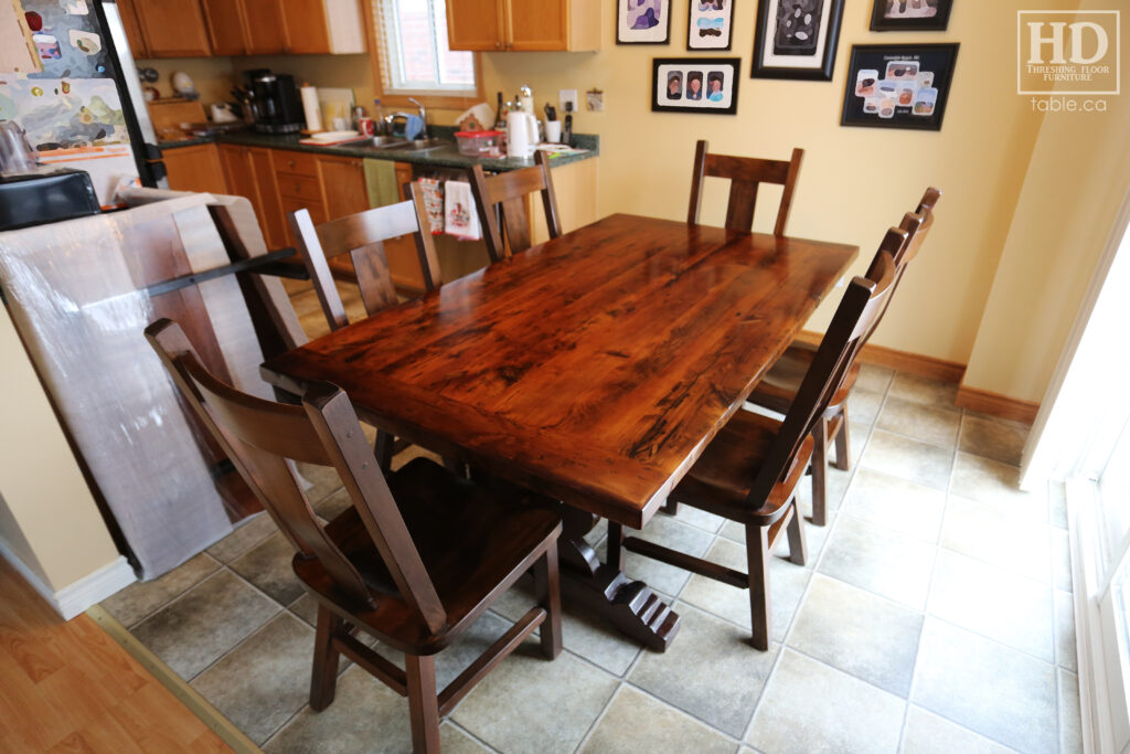 6' Ontario Barnwood Table we delivered to a Cambridge home yesterday - Trestle Base: Violin Profile Base - Reclaimed Old Growth Hemlock Threshing Floor Construction - Original distressing & edges maintained - Premium epoxy + satin polyurethane finish - Two 18" Leaves - [6] Plank Back Chairs / Wormy Maple / Nonarm / Polyurethane Clearcoat Finish - www.table.ca