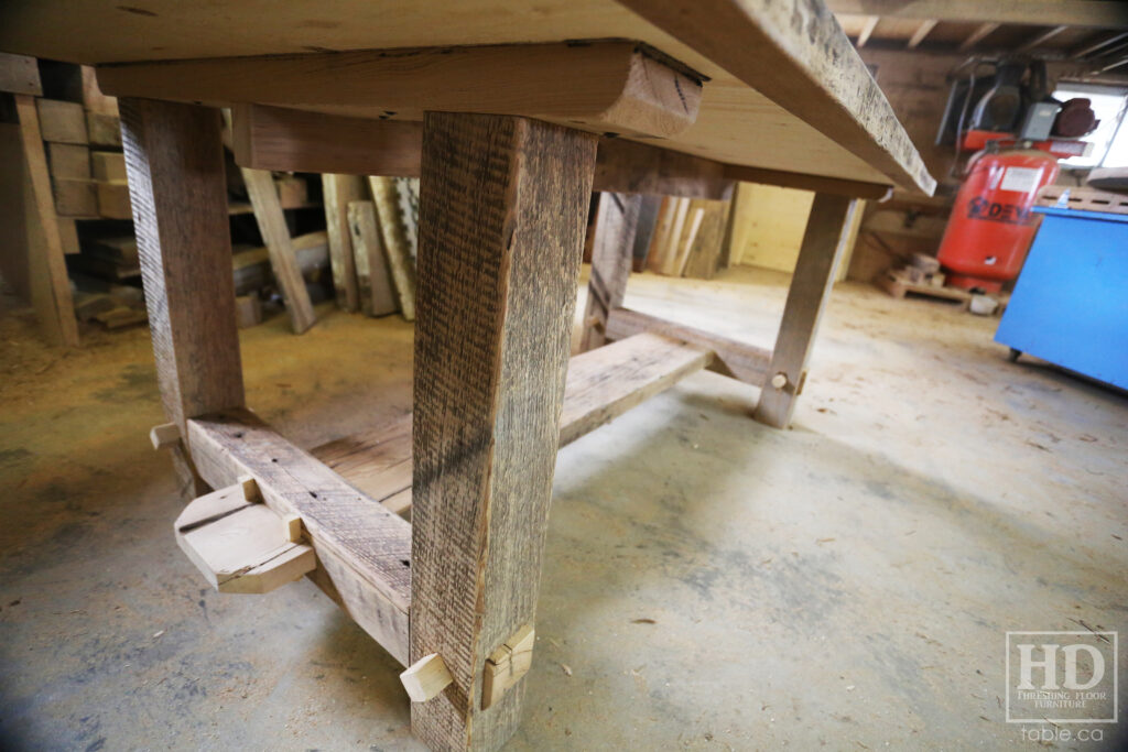 In process 7' Ontario Barnwood Frame Table - 42" wide - Old Growth Reclaimed Hemlock Threshing Floor Construction - Original edges & distressing maintained - www.table.ca