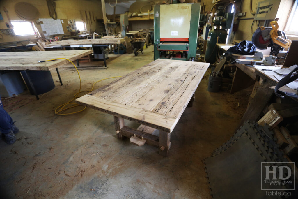 In process 7' Ontario Barnwood Frame Table - 42" wide - Old Growth Reclaimed Hemlock Threshing Floor Construction - Original edges & distressing maintained - www.table.ca