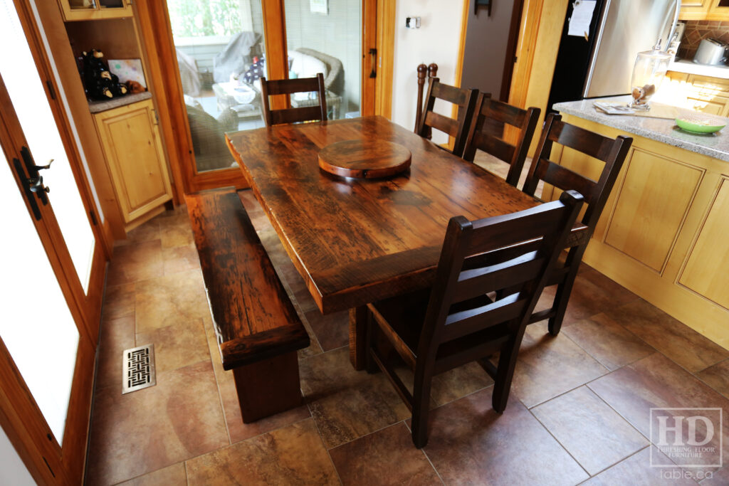 6' Ontario Barnwood Table we made for a Keene Home - Modern Plank Base - Reclaimed Old Growth Hemlock Threshing Floor Construction - Original distressing & edges maintained - Premium epoxy + satin polyurethane finish - 5' [matching] Bench - 5 Ladder Back Chairs - 18" Leaf + Lazy Susan - www.table.ca