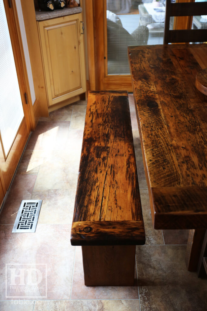 6' Ontario Barnwood Table we made for a Keene Home - Modern Plank Base - Reclaimed Old Growth Hemlock Threshing Floor Construction - Original distressing & edges maintained - Premium epoxy + satin polyurethane finish - 5' [matching] Bench - 5 Ladder Back Chairs - 18" Leaf + Lazy Susan - www.table.ca