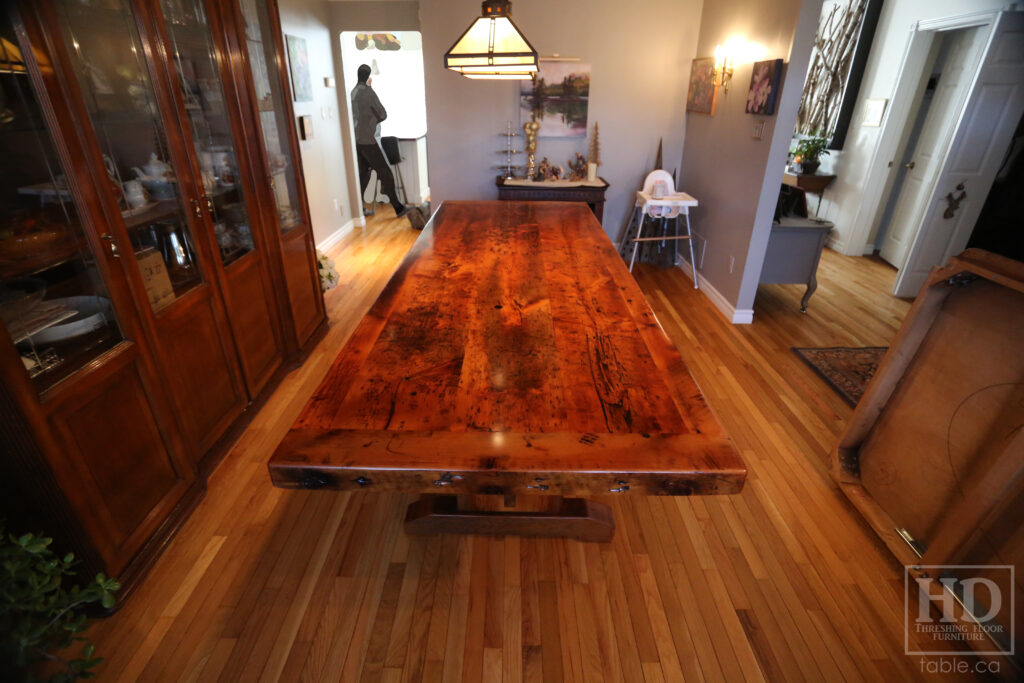 9' 2" Ontario Barnwood Table  - 40" wide - Extra thick 3" Joist Material Top - Trestle Base - Old Growth Reclaimed Hemlock Threshing Floor Pine Construction - Original edges + distressing maintained - Premium epoxy + satin polyurethane finish - www.table.ca
